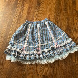 Bodyline plaid baby blue sax plaid lace trim skirt